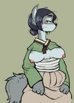  2019 absurd_res anthro areola biped black_hair black_nose blush breasts canid canine canis clothed clothing eyebrows eyelashes female fluffy fluffy_tail fur hair hanbok hi_res looking_at_viewer mammal nipples reccand simple_background solo standing sweat wolf 