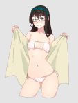  1girl alternate_costume bangs bikini black_hair blush breasts closed_mouth commentary_request cowboy_shot cropped_legs eyebrows_visible_through_hair glasses green_eyes hair_between_eyes hairband highres kantai_collection long_hair looking_at_viewer navel ooyodo_(kantai_collection) open_towel semi-rimless_eyewear side-tie_bikini simple_background small_breasts smile solo standing string_bikini swimsuit towel under-rim_eyewear white_bikini yuuji_(and) 