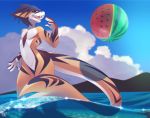 2019 ambiguous_gender anthro ball blue_eyes day detailed_background digital_media_(artwork) fish hi_res marine open_mouth outside partially_submerged phation requiem_shark shark sky solo standing teeth tiger_shark tongue water 