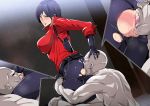 1girl ada_wong anilingus anus ass bald belt black_eyes black_hair black_pants blush breasts close-up clothed_female_nude_male coffin cunnilingus gloves groin gureko_rouman highres indoors large_breasts legs looking_back no_panties nude oral pants parted_lips pussy red_shirt resident_evil resident_evil_6 shirt short_hair sideboob sitting standing thighs tongue torn_clothes wall x-ray 