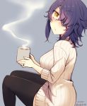  1girl alternate_costume artist_name black_legwear blush breasts closed_mouth coffee coffee_mug cup dated eyebrows_visible_through_hair eyepatch from_side hair_over_one_eye highres holding holding_cup jewelry kantai_collection kotobuki_(momoko_factory) large_breasts long_sleeves looking_at_viewer mug purple_hair ring short_hair sitting solo steam sweater tenryuu_(kantai_collection) thighhighs twitter_username yellow_eyes 