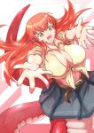  1girl belt breasts eyebrows_visible_through_hair front-tie_top hair_between_eyes hair_ornament hairclip happy highres hug incoming_hug jewelry lamia large_breasts long_hair midriff miia_(monster_musume) miniskirt monster_girl monster_musume_no_iru_nichijou navel no_bra open_hands open_mouth pleated_skirt pointy_ears red_hair scales shirt simple_background skirt slit_pupils solo tail tied_shirt yellow_eyes zetsu_(zyej5442) 