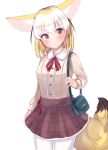  1girl alternate_costume animal_ears bag blonde_hair blush bow center_frills collared_shirt commentary_request cowboy_shot extra_ears eyebrows_visible_through_hair fennec_(kemono_friends) fox_ears fox_tail frilled_skirt frills handbag highres kemono_friends kinou_no_shika long_sleeves multicolored_hair neck_ribbon pantyhose plaid plaid_skirt pleated_skirt ribbon shirt short_hair skirt smile solo tail white_hair 