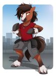  2019 anthro brown_fur brown_hair clothed clothing digital_media_(artwork) dvixie equid equine fur hair hooves horse male mammal orange_eyes smile solo 