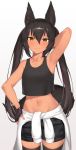  1girl :3 animal_ears arm_behind_head arm_up armpits bangs bare_arms bare_shoulders black_gloves black_hair black_legwear black_shirt black_shorts blush brown_eyes clothes_around_waist collarbone cowboy_shot crop_top crop_top_overhang fingerless_gloves fox_ears fox_tail gloves gradient gradient_background groin hair_between_eyes hand_on_hip jacket jacket_around_waist long_hair long_sleeves looking_at_viewer mathew_(srmmk_mce) midriff navel original shirt short_shorts shorts sidelocks smile solo standing stomach tail tank_top thighhighs twintails white_jacket 