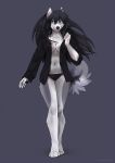 2019 4_toes 5_fingers anthro barefoot black_hair black_nose breasts canid canine canis clothed clothing digital_media_(artwork) digitigrade female hair koul mammal panties smile solo standing toes underwear wolf 