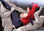  1girl ada_wong anal areolae arm_grab arms_up asphyxiation ass bald black_eyes black_hair black_pants blush breasts breasts_outside censored choking clothed_female_nude_male cum cum_in_pussy double_penetration ejaculation from_side gloves gureko_rouman highres indoors large_breasts legs legs_up lying motion_lines nipples no_bra nude on_back orgasm pants penis red_shirt resident_evil resident_evil_6 sex shirt short_hair sweat thighs tongue torn_clothes unbuttoned vaginal 