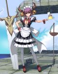  1girl apron breasts cleavage demon_girl demon_horns dress food highres horns looking_at_viewer maid maid_headdress masao original pudding puffy_sleeves purple_eyes purple_hair short_hair short_sleeves smile solo sword weapon wrist_cuffs 