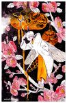  1girl antennae artist_name bee_girl beehive branch flower grey_footwear hand_in_pocket insect_girl insect_wings leaf long_sleeves maruti_bitamin orange_pants original pink_flower shoes short_hair solo standing white_hair wings 