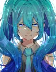  1girl absurdres arms_at_sides bangs bare_shoulders blue_eyes blue_hair blue_neckwear bow close-up face grey_shirt hair_bow hatsune_miku highres kisuke_(16711949) light_smile long_hair looking_at_viewer necktie shaded_face shirt simple_background sleeveless sleeveless_shirt solo twintails upper_body very_long_hair vocaloid white_background 
