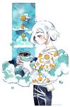  1girl artist_name cloud coffee coffee_mug cowboy_shot crescent_moon cup holding holding_cup long_sleeves maruti_bitamin moon moon_phases mug original profile short_hair solo star white_hair 