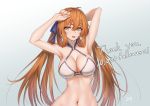  1girl alternate_costume armpits arms_up baek_hyang bangs blush breasts brown_hair cleavage eyebrows_visible_through_hair girls_frontline green_eyes hair_between_eyes hair_ribbon hair_rings large_breasts long_hair looking_at_viewer m1903_springfield_(girls_frontline) navel open_mouth ribbon sidelocks simple_background smile solo stomach twintails 