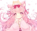  1girl animal animal_ear_fluff animal_ears animal_on_head azur_lane bangs bow cat_ears cherry_blossoms clenched_hands commentary_request dog dog_on_head eyebrows_visible_through_hair flower fur_collar hair_bow hair_flower hair_ornament hair_ribbon japanese_clothes kimono kisaragi_(azur_lane) long_hair long_sleeves obi on_head petals pink_bow pink_eyes pink_flower pink_hair pink_kimono pink_sash polka_dot polka_dot_bow ribbon sash shiba_inu sidelocks solo very_long_hair white_background wide_sleeves yorica 