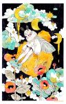 1girl antennae aqua_footwear artist_name bee_girl cloud crater crescent_moon dripping flower grey_hair insect_girl insect_wings leaf long_sleeves maruti_bitamin moon night night_sky original plant red_flower short_hair sitting sky sleeves_past_wrists solo star_(sky) wings 