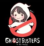  1girl akb48 bangs black_background black_eyes black_hair blush chibi commentary_request english_text ghost_costume ghostbusters long_hair mole_above_mouth murayama_yuiri no_symbol o_o parody real_life simple_background smile solo taneda_yuuta 