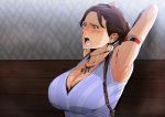 1girl armpits arms_behind_head arms_up bare_arms black_eyes blush breasts brown_hair cleavage dark_skin ear_piercing earrings gureko_rouman highres hoop_earrings indoors jewelry large_breasts necklace open_mouth piercing ponytail resident_evil resident_evil_5 saliva sheva_alomar short_ponytail solo tongue upper_body 