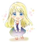  1girl arms_at_sides blonde_hair blue_eyes blush chibi commentary dress eyebrows_visible_through_hair eyelashes floating_hair floral_background flower full_body fullmetal_alchemist jacket leaf long_dress long_hair looking_at_viewer open_mouth orange_flower pink_flower purple_dress sandals shadow simple_background solo standing symbol_commentary teeth tsukuda0310 upper_teeth very_long_hair white_background white_jacket winry_rockbell 