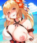  1girl areolae arm_strap bangs bare_shoulders beach blonde_hair blush bow breast_squeeze breasts cleavage damao_yu day eyebrows_visible_through_hair flower granblue_fantasy hair_between_eyes hair_bow hair_flower hair_ornament hand_on_own_face head_tilt hibiscus highres lactation large_breasts long_hair looking_at_viewer nipples ocean one_breast_out open_mouth outdoors ponytail red_eyes ribbon shaded_face sidelocks skindentation smile solo swimsuit vira_lilie 