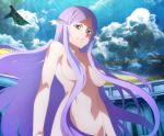  1girl breasts choker hair_ornament highres large_breasts long_hair navel nude purple_eyes purple_hair quinella screencap stitched sword_art_online sword_art_online_alicization tagme third-party_edit 