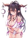  1girl antenna_hair bandage bandaged_arm bandages bangs bare_shoulders bikini blush breasts closed_mouth collarbone crescent danua draph fumikiri granblue_fantasy hair_between_eyes highres hip_focus horn_ornament horns jewelry large_breasts long_hair looking_at_viewer navel necklace pendant pointy_ears purple_hair red_eyes side-tie_bikini simple_background solo swimsuit white_background white_bikini 