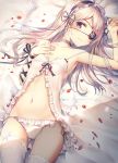 1girl :3 armpits babydoll bare_arms bare_shoulders bed_sheet black_choker black_ribbon breasts choker closed_mouth collarbone cowboy_shot eyepatch floral_print flower frills gluteal_fold groin hair_spread_out hand_on_own_chest hand_up headdress highres huwali_(dnwls3010) lace lace-trimmed_legwear lace_trim light light_particles lingerie long_hair looking_at_viewer lying navel on_back original panties petals pillow red_eyes revision ribbon rose_print see-through shade side-tie_panties silver_hair small_breasts solo spaghetti_strap stomach thighhighs underwear white_flower white_legwear white_panties wrist_ribbon 