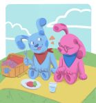 2019 3_toes 4_fingers absurd_res alebrijedraws ambiguous_gender basket blue&#039;s_clues blue_(blue&#039;s_clues) blue_body blue_eyes canid canine canis cup domestic_dog duo eyes_closed eyewear female food footprint fork fruit glasses hi_res holding_fork holding_object looking_aside magenta_(blue&#039;s_clues) mammal neckerchief nickelodeon outside pawprint picnic picnic_basket picnic_blanket pink_body purple_nose signature sitting strawberry toes 