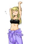  1girl armpits arms_up aumitohi bandeau bare_arms black_tubetop blonde_hair blush breasts cleavage clenched_hand closed_mouth collarbone eyebrows_visible_through_hair eyes_closed female fullmetal_alchemist long_hair medium_breasts midriff navel neck ponytail simple_background smile solo standing strapless stretch tubetop white_background winry_rockbell 