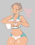  1girl agawa_ryou black_eyes blonde_hair blush breasts brown_hair commentary dark_skin dated english_commentary gym_shorts heart heart-shaped_boob_challenge heart_hands huge_breasts looking_at_viewer midriff multicolored_hair navel nipples original see-through short_hair shorts sketch solo sports_bra tan tani_tsukune tanline thick_thighs thighs two-tone_hair 