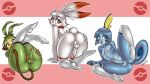  3boys absurdres all_fours animal_ears anus ass blue_eyes blush_stickers bunny_ears collarbone creatures_(company) erection eyebrows_visible_through_hair from_behind furry game_freak gen_8_pokemon grookey highres looking_at_viewer looking_to_the_side lying multiple_boys navel nintendo nipples nude on_back on_side open_mouth penis pink_background pokemon pokemon_(creature) pokemon_swsh red_eyes rhinoking scorbunny short_hair smile sobble socks spread_legs tail testicles upper_teeth white_background white_legwear 
