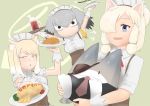  3girls :d alpaca_ears alpaca_suri_(kemono_friends) alternate_costume animal_ear_fluff animal_ears bangs blonde_hair blue_eyes commentary enmaided eyepatch food fox_ears gradient_hair grey_hair hair_between_eyes hair_over_one_eye head_wings highres horizontal_pupils john_(a2556349) kemono_friends lucky_beast_(kemono_friends) maid maid_headdress multicolored_hair multiple_girls no_mouth omurice open_mouth pancake plate puffy_short_sleeves puffy_sleeves shoebill_(kemono_friends) short_hair short_sleeves smile tibetan_sand_fox_(kemono_friends) triangle_mouth white_hair wrist_cuffs yellow_eyes 