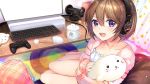  1girl :d barefoot bean_bag_chair brown_hair computer controller cup curtains full_body game_controller hair_between_eyes headphones holding holding_stuffed_animal indoors keyboard_(computer) looking_at_viewer mimikaki mochiko_(mochiko3121) monitor mouse_(computer) mug open_mouth original pillow purple_eyes short_hair sitting smile solo speaker stuffed_animal stuffed_seal stuffed_toy 