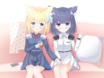  2girls :o animal_ear_fluff animal_ears bangs black_hair blonde_hair blue_bow blue_eyes blue_shirt blue_skirt blunt_bangs blush bow breasts cat_ears cellphone closed_mouth collared_shirt commentary_request couch cup disposable_cup dress_shirt drinking_straw epaulettes eyebrows_visible_through_hair fringe_trim hair_bow hair_ornament hairclip hand_up hands_together highres holding holding_cup liang_feng_qui_ye long_sleeves multiple_girls on_couch parted_lips phone pillow pleated_skirt red_bow rukiroki sasugano_roki sasugano_ruki shirt sitting skirt small_breasts smile virtual_youtuber white_shirt white_skirt 