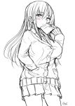  1girl bangs blush book breasts cardigan collared_shirt dress_shirt eyebrows_visible_through_hair greyscale hair_between_eyes hand_in_pocket hand_up holding holding_book large_breasts long_hair long_sleeves looking_at_viewer mokufuu monochrome open_book original parted_lips pleated_skirt shirt signature simple_background sketch skirt sleeves_past_wrists solo very_long_hair white_background 