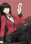  1girl arm_support black_hair black_legwear black_skirt breasts card eadgear formal highres jabami_yumeko kakegurui large_breasts legs_crossed long_hair pantyhose playing_card red_eyes signature skirt solo suit 