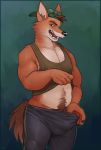  body_hair bulge canid canine canis clothed clothing clothing_lift domestic_dog glitter_trap_boy happy_trail hat hi_res male mammal shirt shirt_lift solo sweat_pants tank_top 
