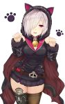  1girl absurdres animal_ears breasts cape cat_ears cleavage fur_trim hair_over_one_eye highres hood hood_up hoodie large_breasts legs long_sleeves looking_at_viewer parted_lips red_eyes shadowverse shingeki_no_bahamut short_hair simple_background solo thighhighs thighs white_hair wizardess_of_oz yamato_(muchuu_paradigm) 