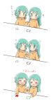  2girls :d ? ^_^ aqua_hair bang_dream! blue_eyes blush bongo_cat borderless_panels closed_eyes comic commentary_request eyes_closed green_eyes hand_holding hikawa_hina hikawa_sayo long_hair long_sleeves looking_at_another meme multiple_girls open_mouth orange_shirt shirt short_hair siblings side_braids simple_background sisters sleeve_tug smile sweatshirt translation_request twins twitter wapengin white_background 