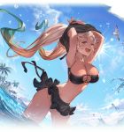  1girl armpits arms_behind_back arms_up bangs bare_shoulders beach black_swimsuit blue_eyes blush breasts cleavage collarbone gluteal_fold granblue_fantasy io_euclase large_breasts long_hair looking_at_viewer multicolored_hair navel open_mouth outdoors pose shiropana sidelocks sky solo standing stomach swimsuit tagme twintails water 