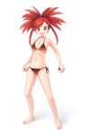  1girl aposine asuna_(pokemon) barefoot bikini breasts creatures_(company) flame_print full_body game_freak gym_leader highres holding holding_poke_ball long_hair looking_at_viewer medium_breasts midriff navel nintendo open_mouth poke_ball pokemon pokemon_(game) pokemon_rse red_eyes red_hair side-tie_bikini simple_background smile solo standing swimsuit white_background 