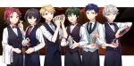  6+boys alcohol bartender black_hair black_neckwear black_pants black_vest blonde_hair blue_eyes blue_hair bow bowtie brown_eyes cherry cocktail cocktail_glass cup drinking_glass ensemble_stars! food fruit fushimi_yuzuru green_eyes green_hair grey_hair grey_vest heterochromia isara_mao kagehira_mika long_sleeves looking_at_viewer male_focus mochiko_(mochiko3121) multiple_boys narukami_arashi necktie oogami_koga open_mouth pants red_hair red_neckwear sakuma_ritsu shirt simple_background smile standing striped striped_neckwear towel vertical_stripes vest white_shirt 