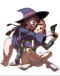  2girls brown_hair clover controller female four-leaf_clover freckles green_eyes hat kagari_atsuko multiple_girls no_pants panties simple_background socks striped striped_hoodie underwear vivian_james white_background witch_hat 