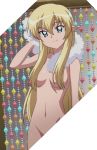  blonde_hair blue_eyes breasts cleavage cropped elf hair_over_breasts highres long_hair lukshana nude pointy_ears screencap small_breasts third-party_edit towel zero_no_tsukaima 