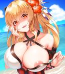  1girl areolae arm_strap bangs bare_shoulders beach blonde_hair blush bow breasts cleavage clothes_tug damao_yu day eyebrows_visible_through_hair flower granblue_fantasy hair_between_eyes hair_bow hair_flower hair_ornament hand_on_own_face head_tilt hibiscus highres large_breasts long_hair looking_at_viewer nipple_slip nipples ocean one_breast_out open_mouth outdoors ponytail red_eyes ribbon shaded_face sidelocks skindentation smile solo swimsuit vira_lilie 