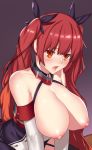  1girl aster_crowley azur_lane bangs bare_shoulders black_ribbon blush breasts breasts_outside cleavage dress dress_pull gloves hair_ribbon highres honolulu_(azur_lane) large_breasts long_hair nipples open_mouth red_eyes red_hair ribbon short_dress solo twintails very_long_hair white_gloves 
