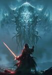  1boy absurdres commentary cthulhu cthulhu_mythos energy_sword english_commentary facing_away fog from_behind gloves glowing glowing_eyes highres hood hood_up kalmahul kylo_ren leaning_back lightsaber looking_at_another red_lightsaber robe size_difference star_wars sword tentacles weapon 