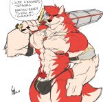  anthro armpit_hair bulge canid canine canis clothing colored_sketch daikitei hi_res humanoid_penis looking_at_viewer male mammal melee_weapon muscular muscular_male pecs penis penis_base pubes solo standing sword underwear weapon wolf 