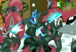  agent_smith aura canid canine clothing eyewear fight fox hair knightmoonlight98 long_hair lucario mammal neo nintendo pok&eacute;mon pok&eacute;mon_(species) staff suit sunglasses the_matrix trenchcoat video_games weapon zoroark 