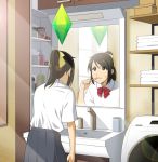  1girl bathroom bow bowtie brown_eyes brown_hair brushing_teeth collared_shirt commentary faucet gameplay_mechanics light_rays mirror pleated_skirt ponytail red_neckwear reflection school_uniform shirt shirt_tucked_in sink skirt solo sunbeam sunlight suzushiro_(suzushiro333) the_sims toothbrush white_shirt 