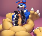  2018 3_toes 4_toes agumon anthro balls bandanna barefoot canid canine chest_tuft digimon digimon_(species) digital_media_(artwork) duo erection feet first_person_view foot_fetish foot_focus footjob gaomon grin hi_res hindpaw lying male male/male mammal naughty_face nude pawpads paws penis precum rad-lizer sex shaded smile toes tongue tongue_out tuft two-footed_footjob 