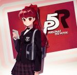  1girl black_jacket blazer bow byoru cellphone hair_bow highres jacket long_hair looking_at_viewer mysterious_girl_(persona_5) pantyhose persona persona_5 persona_5_the_royal phone ponytail red_bow red_hair shuujin_academy_uniform simple_background solo upper_body 